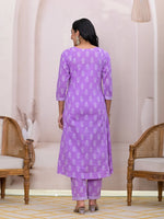 Thumbnail for Yufta Purple Floral Cotton A-Line Suit Set