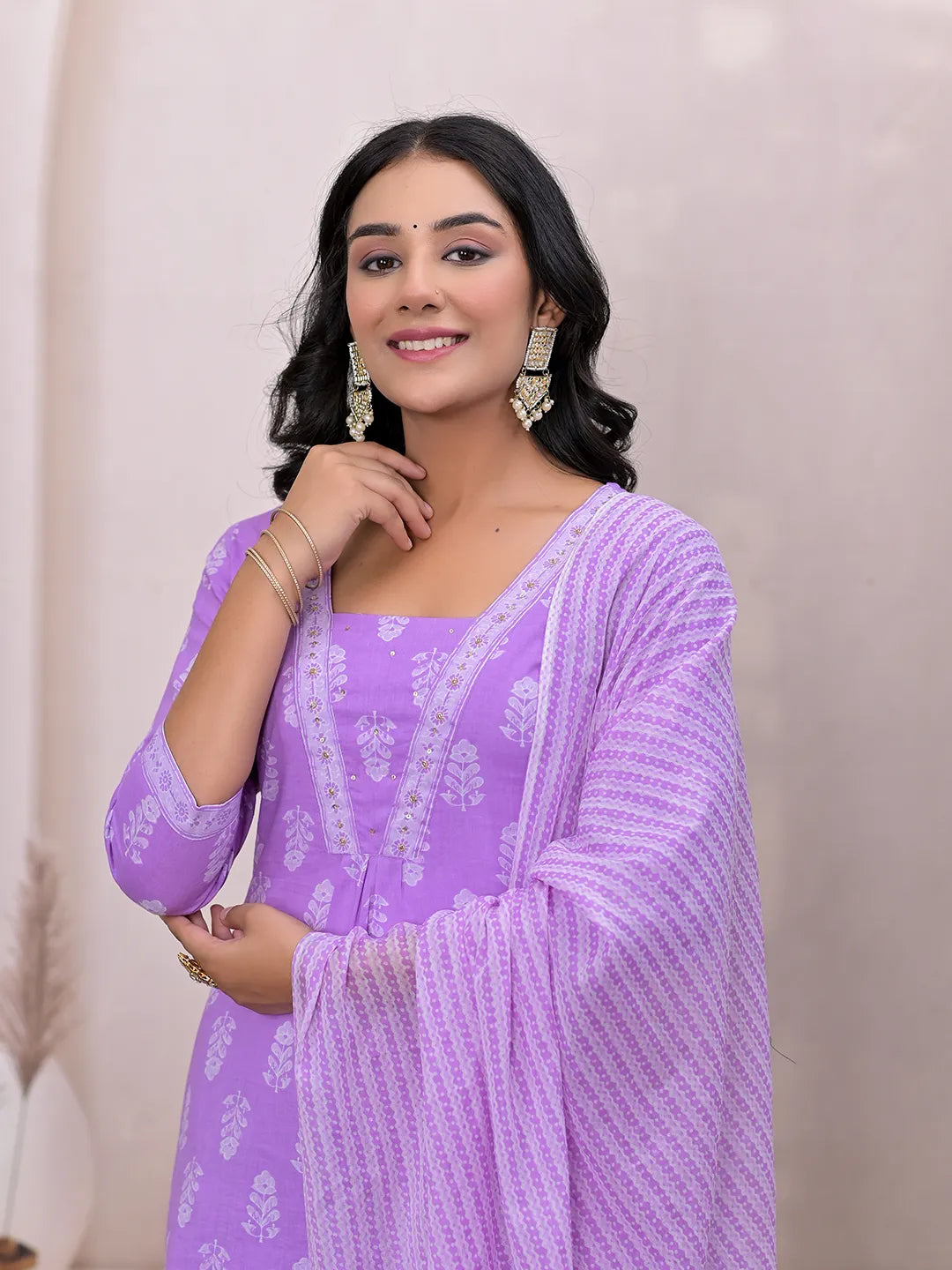 Yufta Purple Floral Cotton A-Line Suit Set