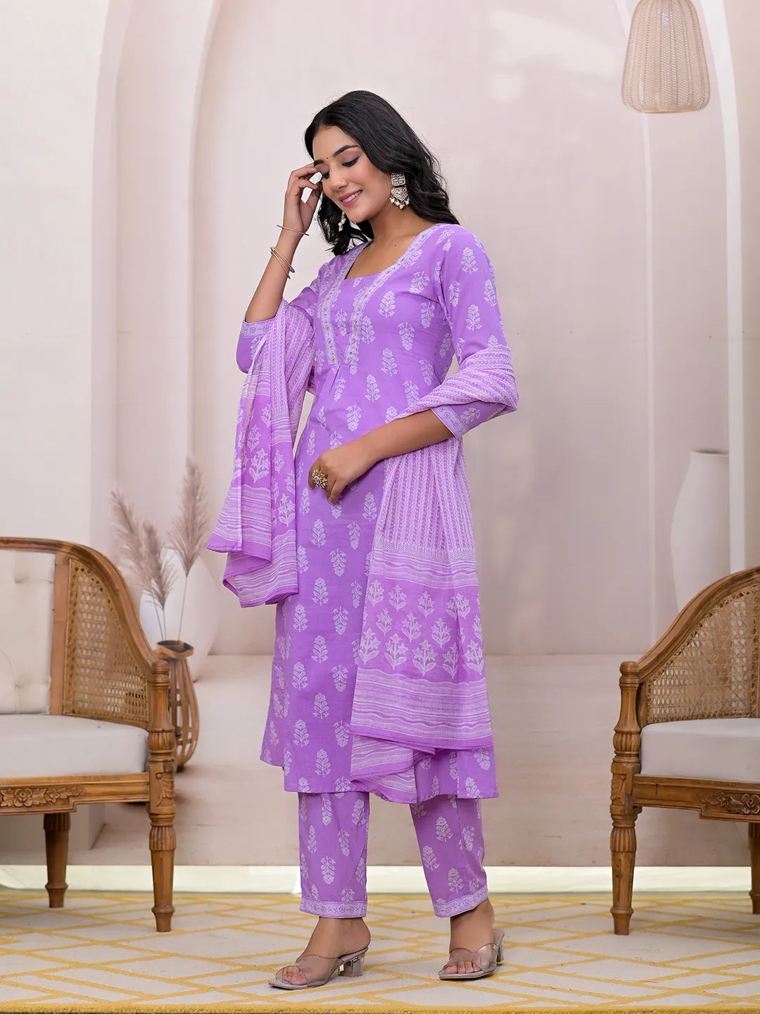 Yufta Purple Floral Cotton A-Line Suit Set