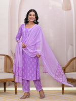 Thumbnail for Yufta Purple Floral Cotton A-Line Suit Set