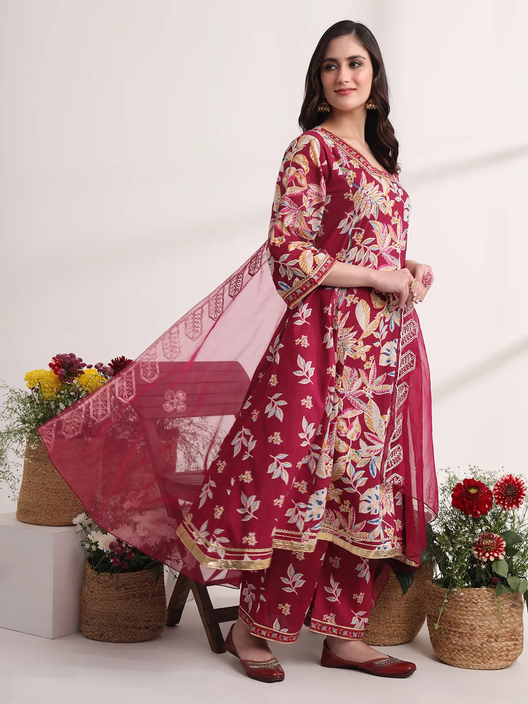 Yufta Purple Floral Print A-Line Kurta Trouser And Dupatta Set - Distacart