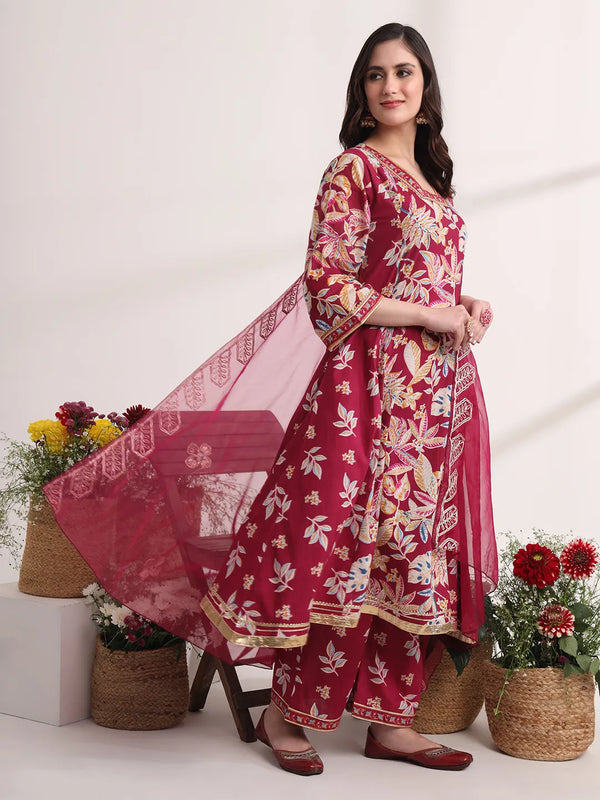 Yufta Purple Floral Print A-Line Kurta Trouser And Dupatta Set