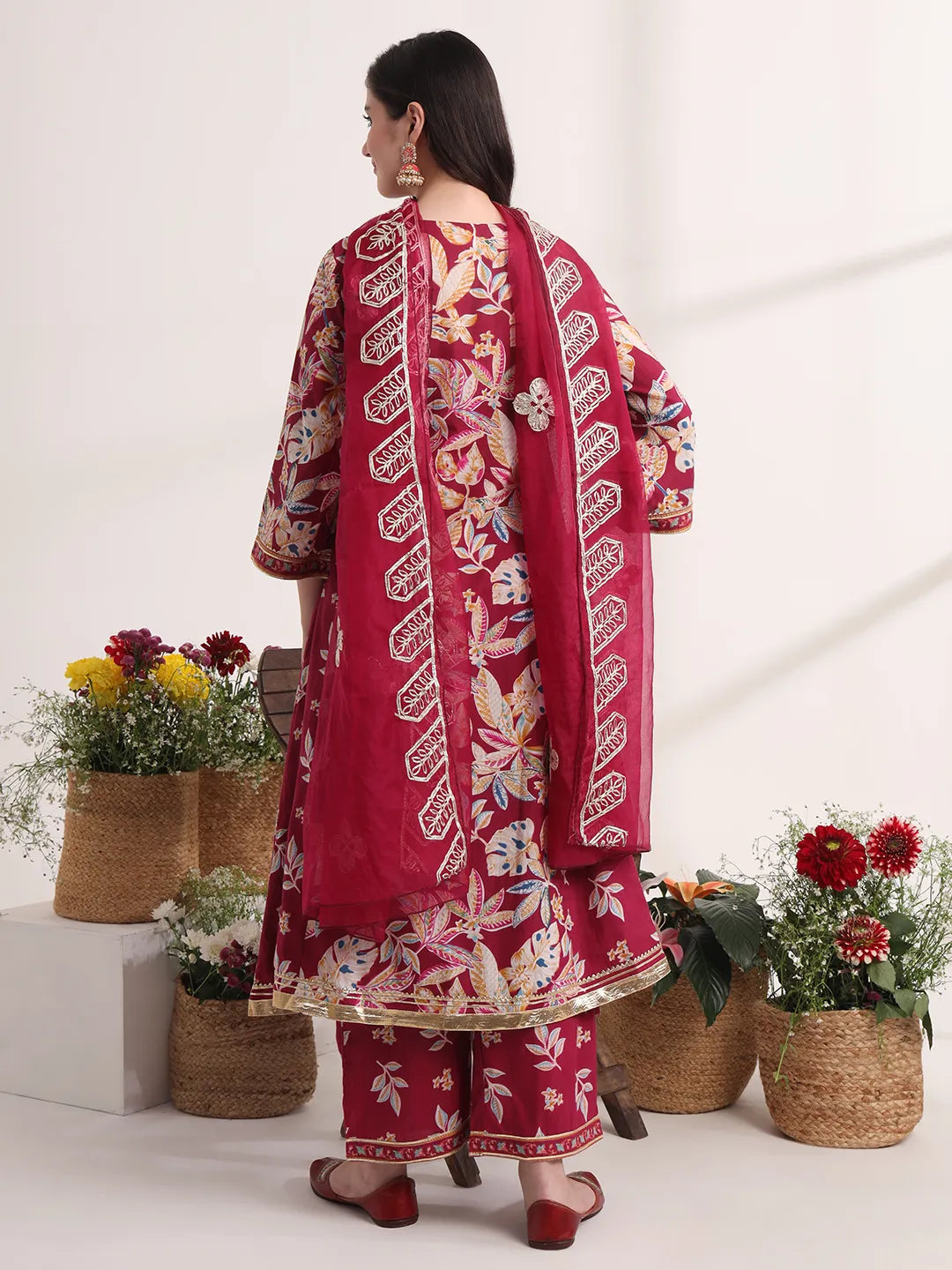 Yufta Purple Floral Print A-Line Kurta Trouser And Dupatta Set