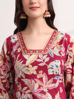 Thumbnail for Yufta Purple Floral Print A-Line Kurta Trouser And Dupatta Set
