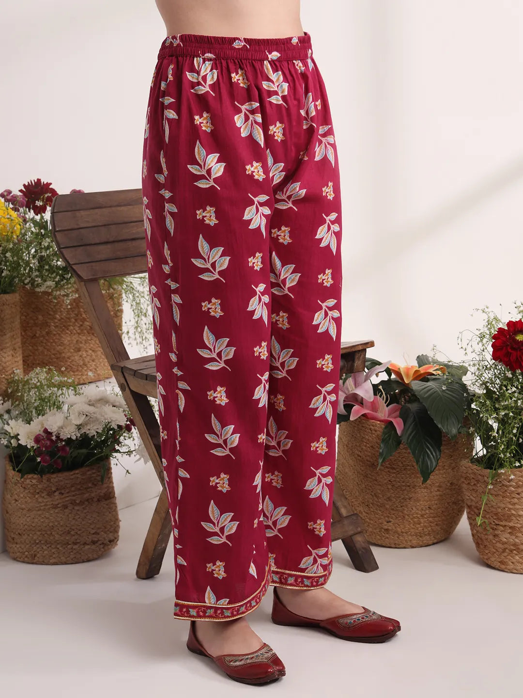 Yufta Purple Floral Print A-Line Kurta Trouser And Dupatta Set