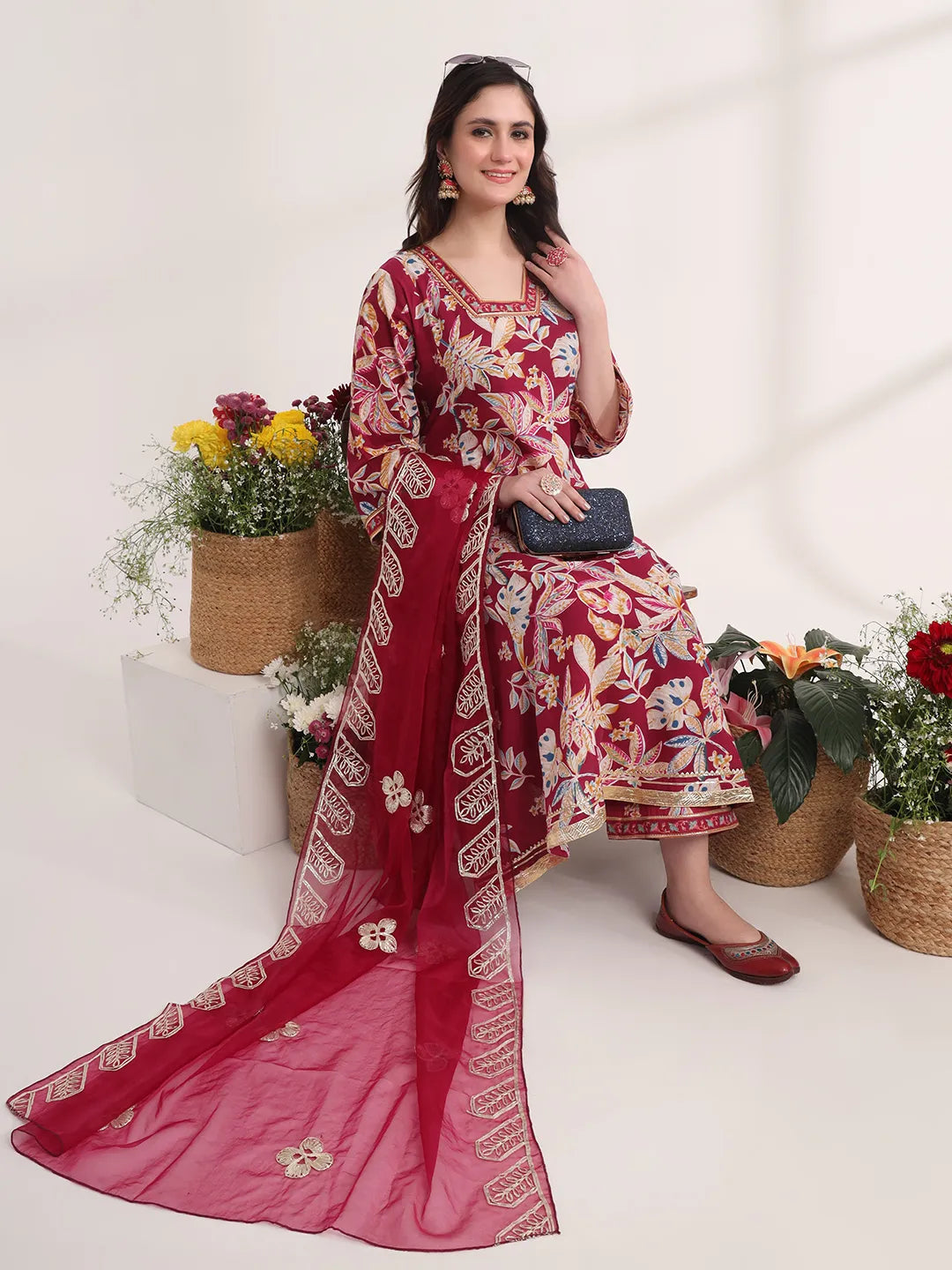 Yufta Purple Floral Print A-Line Kurta Trouser And Dupatta Set