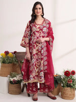 Thumbnail for Yufta Purple Floral Print A-Line Kurta Trouser And Dupatta Set