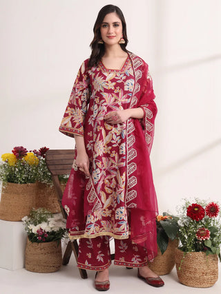 Yufta Purple Floral Print A-Line Kurta Trouser And Dupatta Set
