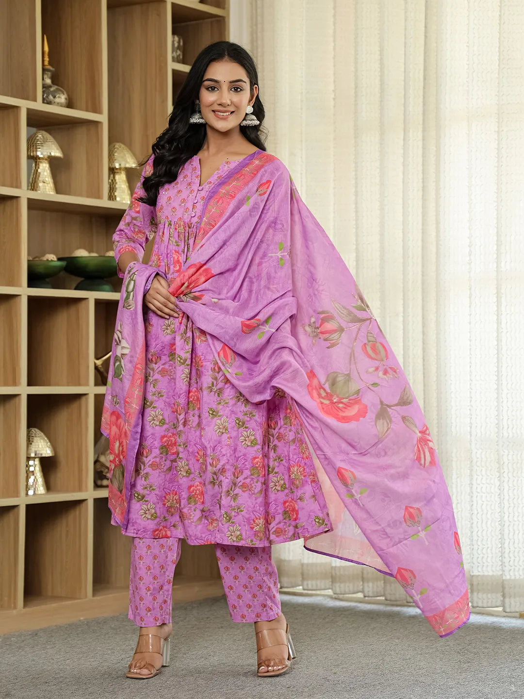 Yufta Purple Floral Print ALine Kurta Trouser Dupatta Set - Distacart