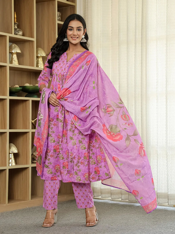 Yufta Purple Floral Print ALine Kurta Trouser Dupatta Set