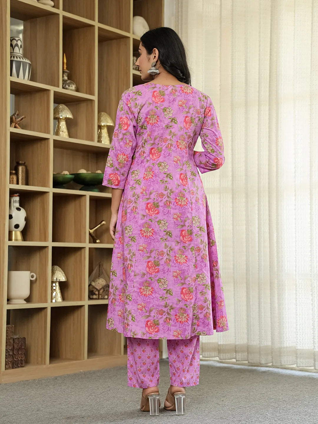 Yufta Purple Floral Print ALine Kurta Trouser Dupatta Set
