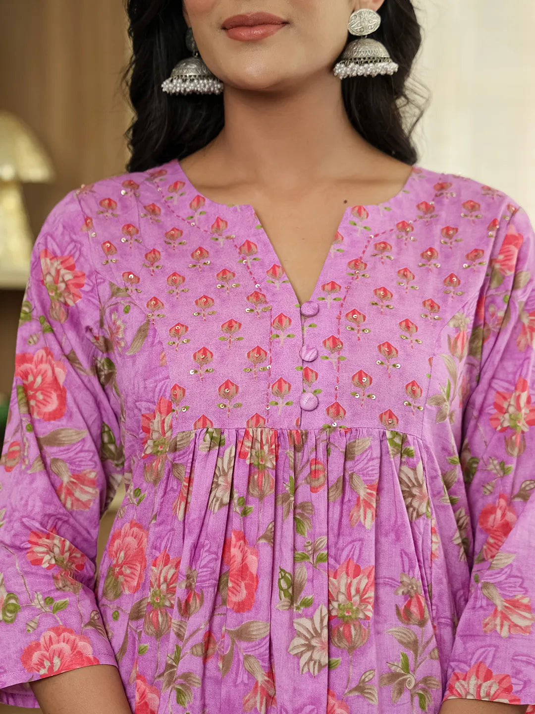Yufta Purple Floral Print ALine Kurta Trouser Dupatta Set