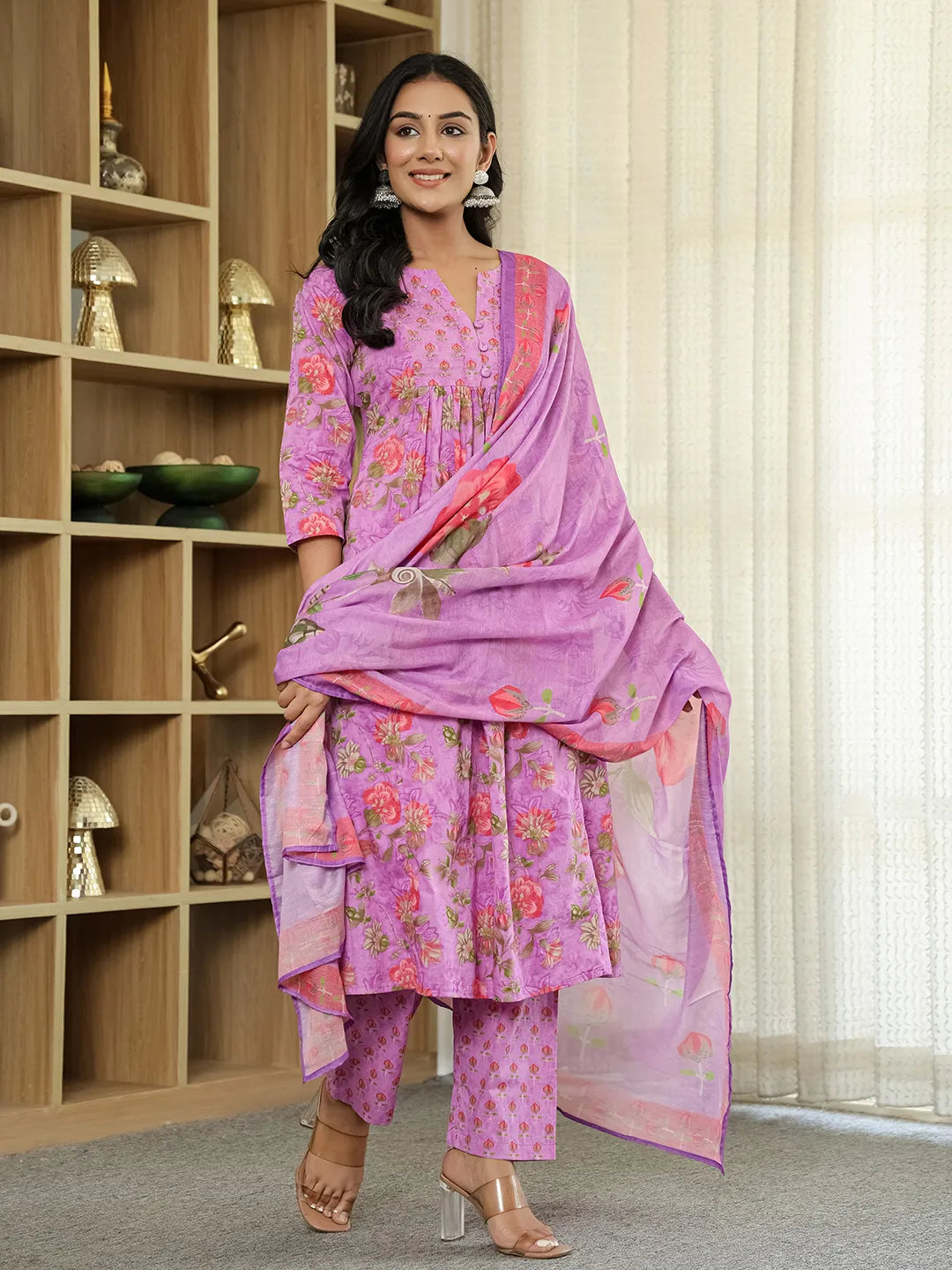 Yufta Purple Floral Print ALine Kurta Trouser Dupatta Set