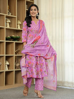 Thumbnail for Yufta Purple Floral Print ALine Kurta Trouser Dupatta Set