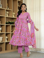 Thumbnail for Yufta Purple Floral Print ALine Kurta Trouser Dupatta Set