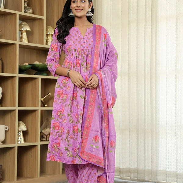 Yufta Purple Floral Print ALine Kurta Trouser Dupatta Set - Distacart