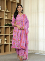 Thumbnail for Yufta Purple Floral Print ALine Kurta Trouser Dupatta Set