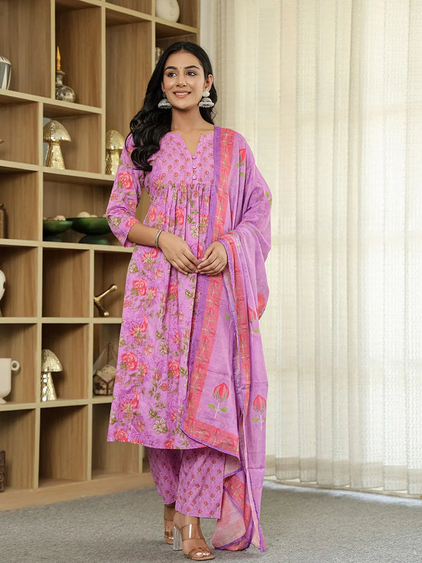Yufta Purple Floral Print ALine Kurta Trouser Dupatta Set