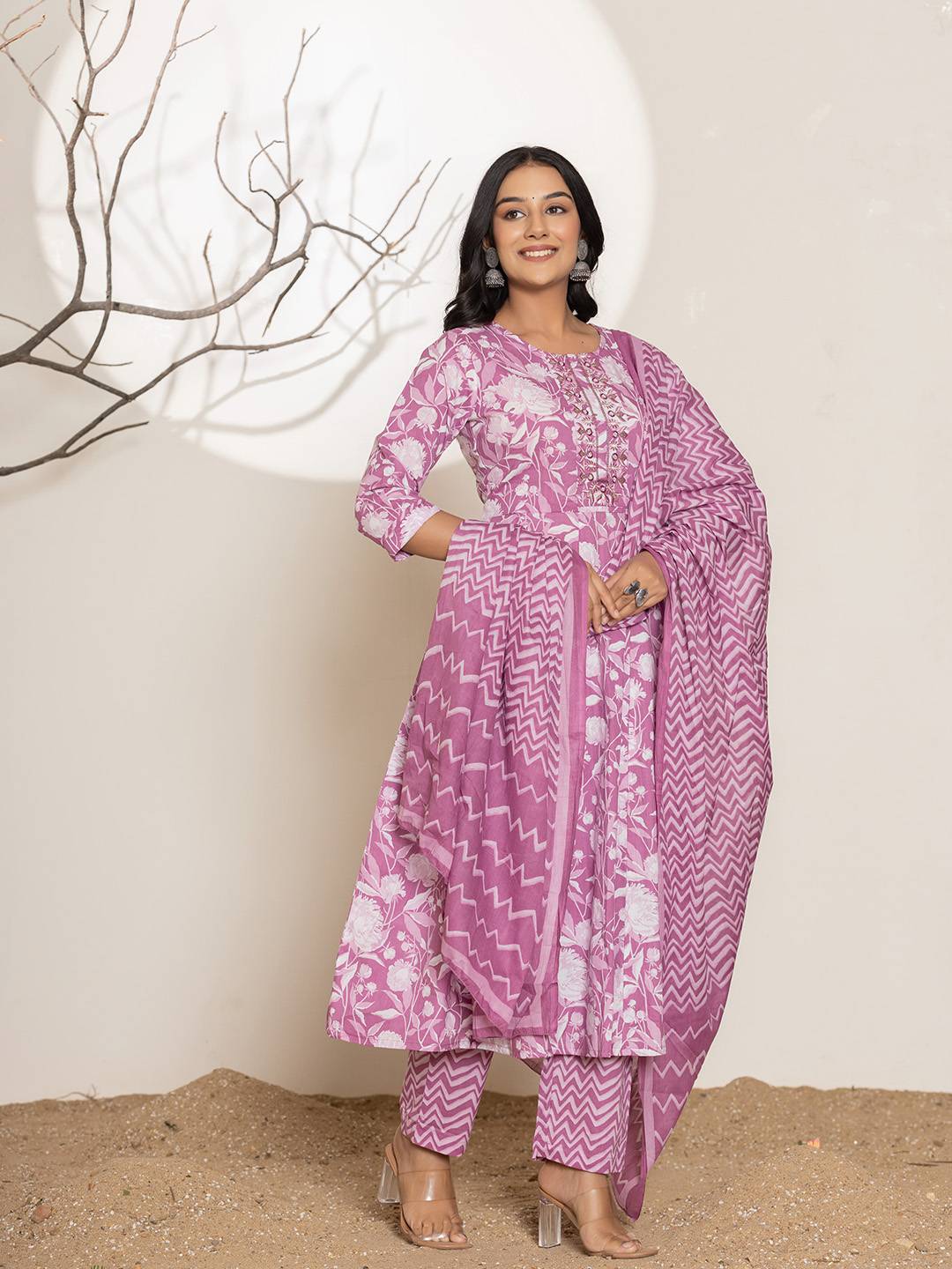 Yufta Purple Floral Print Embroidery Cotton Anarkali Suit Set - Distacart