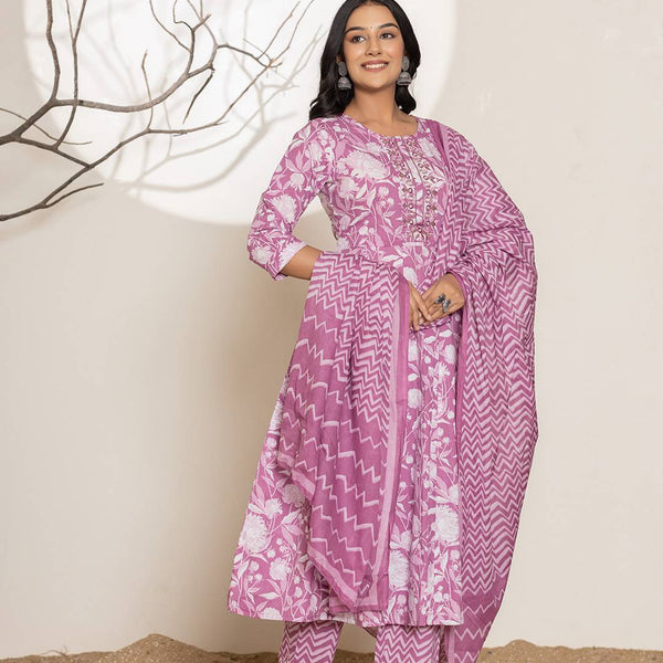 Yufta Purple Floral Print Embroidery Cotton Anarkali Suit Set - Distacart