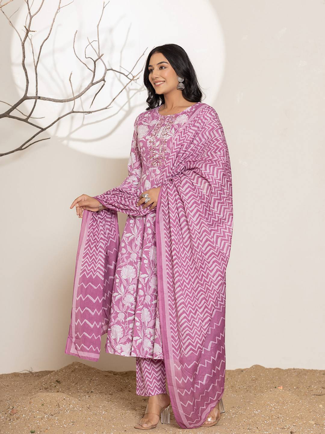Yufta Purple Floral Print Embroidery Cotton Anarkali Suit Set - Distacart