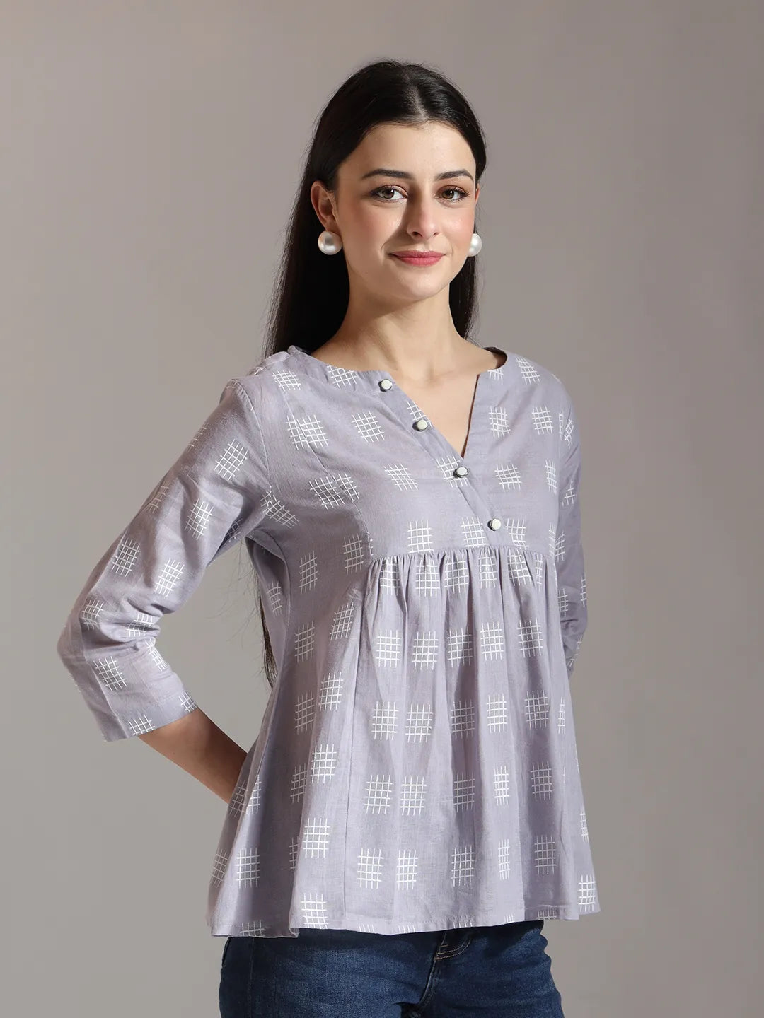 Yufta Purple Handloom Cotton Gathered Or Pleated Top
