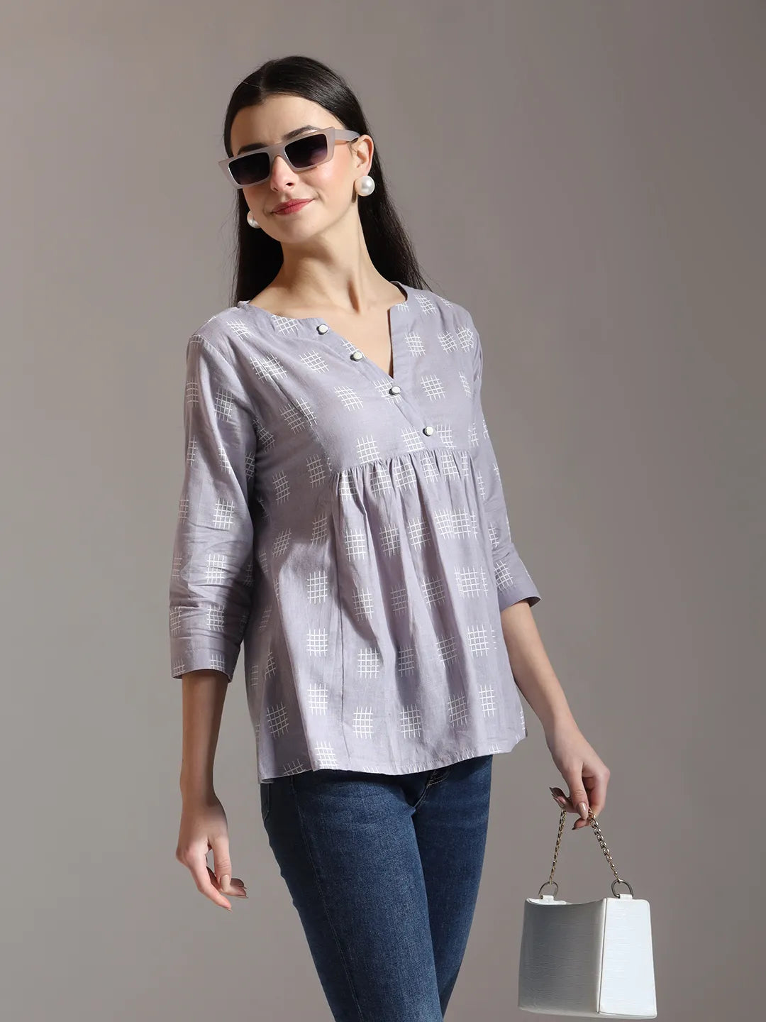 Yufta Purple Handloom Cotton Gathered Or Pleated Top