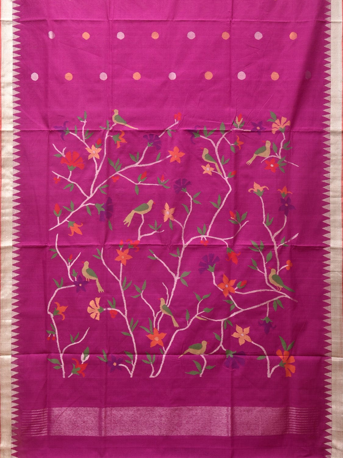 Purple Khadi Cotton Handloom Saree with Plant and Birds Pallu Design - Global Threads - Distacart