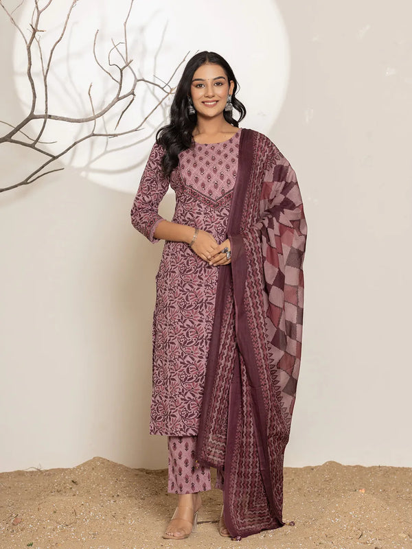 Yufta Purple Leaf Print Cotton Straight Kurta With Dupatta Set