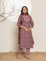Thumbnail for Yufta Purple Leaf Print Cotton Straight Kurta With Dupatta Set