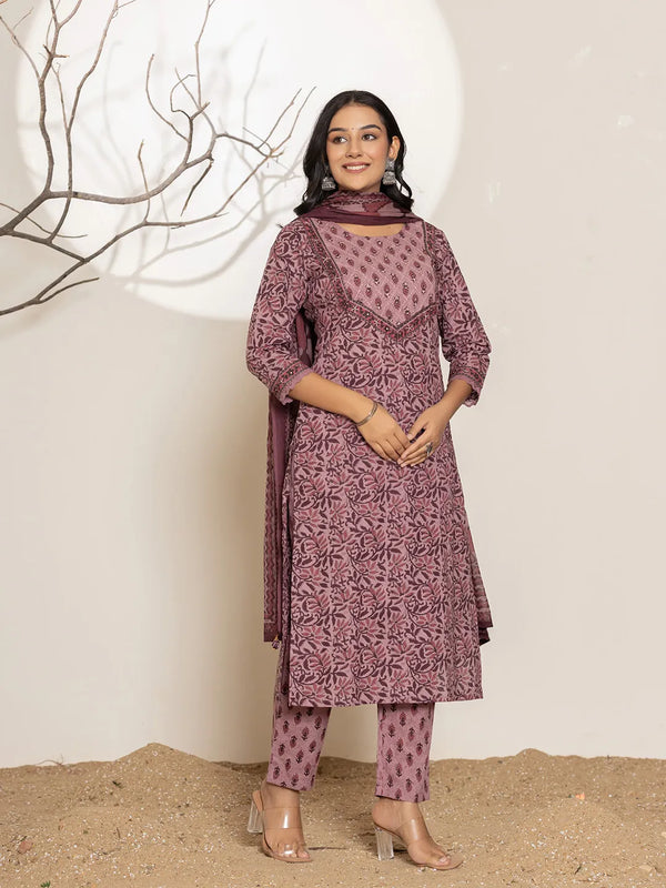 Yufta Purple Leaf Print Cotton Straight Kurta With Dupatta Set