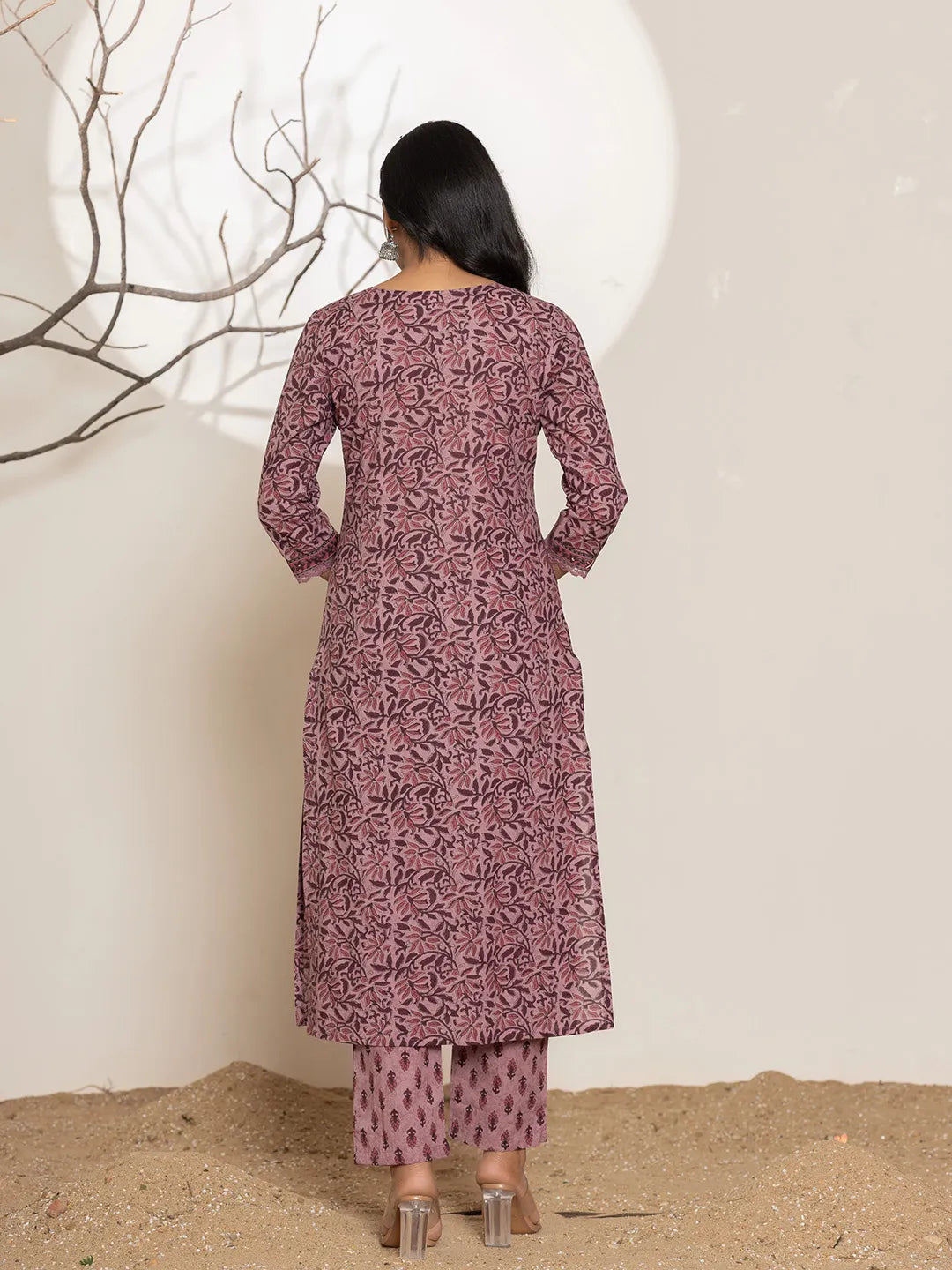 Yufta Purple Leaf Print Cotton Straight Kurta With Dupatta Set