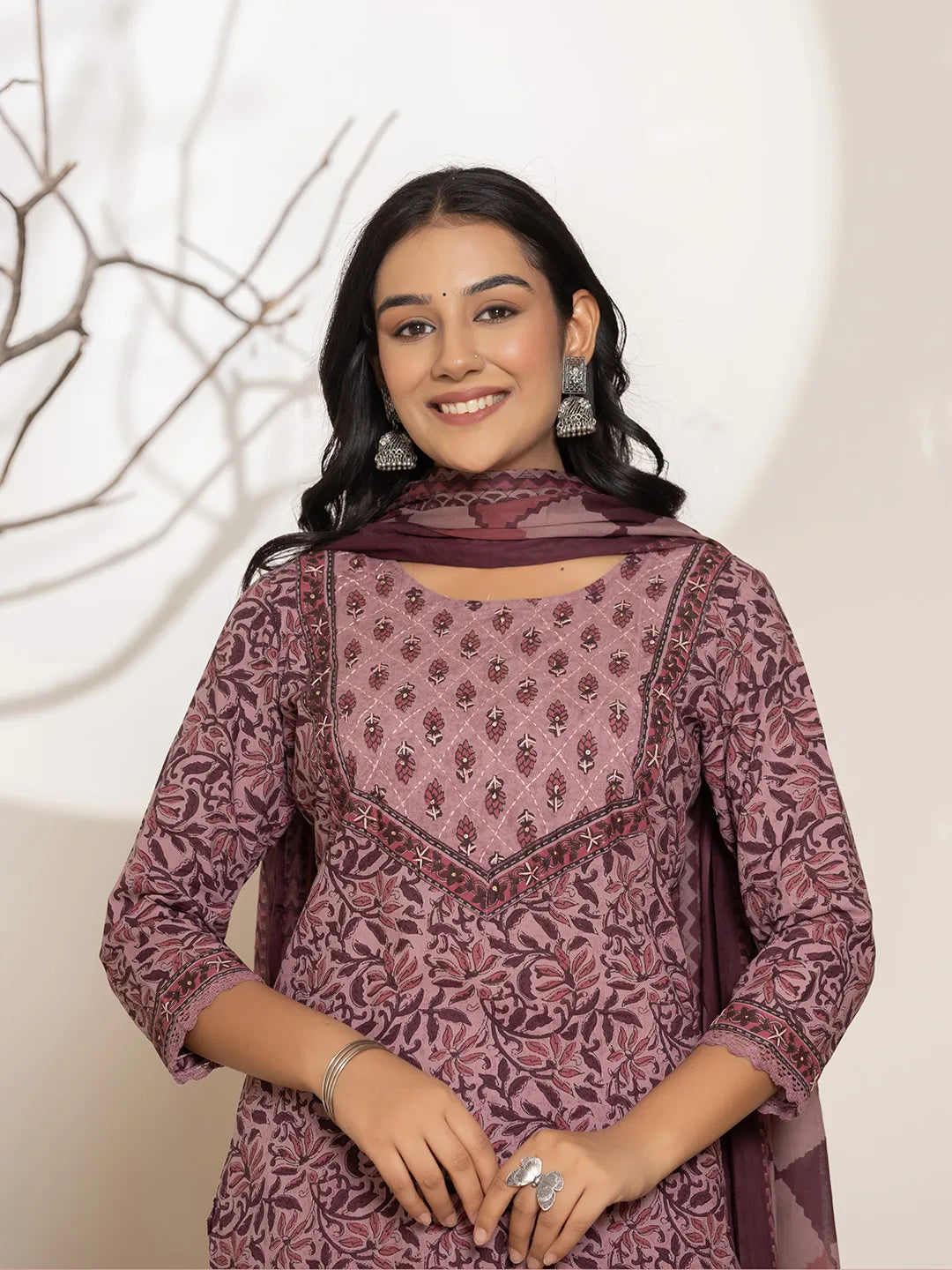 Yufta Purple Leaf Print Cotton Straight Kurta With Dupatta Set