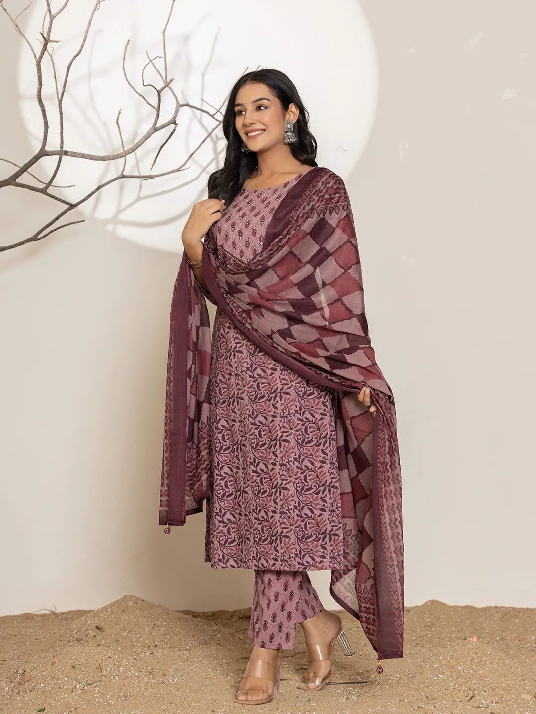 Yufta Purple Leaf Print Cotton Straight Kurta With Dupatta Set