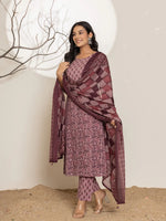 Thumbnail for Yufta Purple Leaf Print Cotton Straight Kurta With Dupatta Set