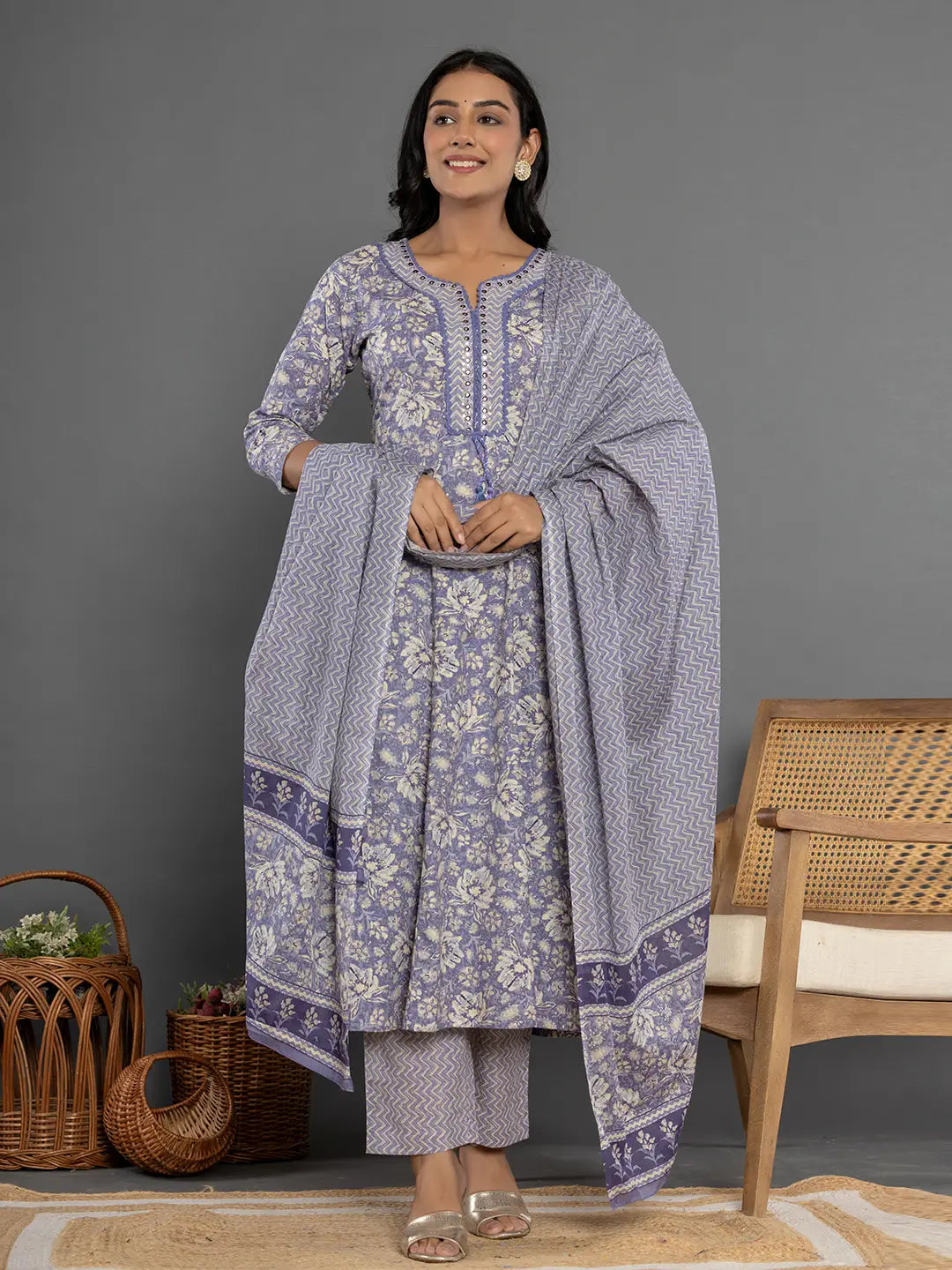Yufta Purple Mirror_Work Cotton Anarkali Kurta Duppta Set