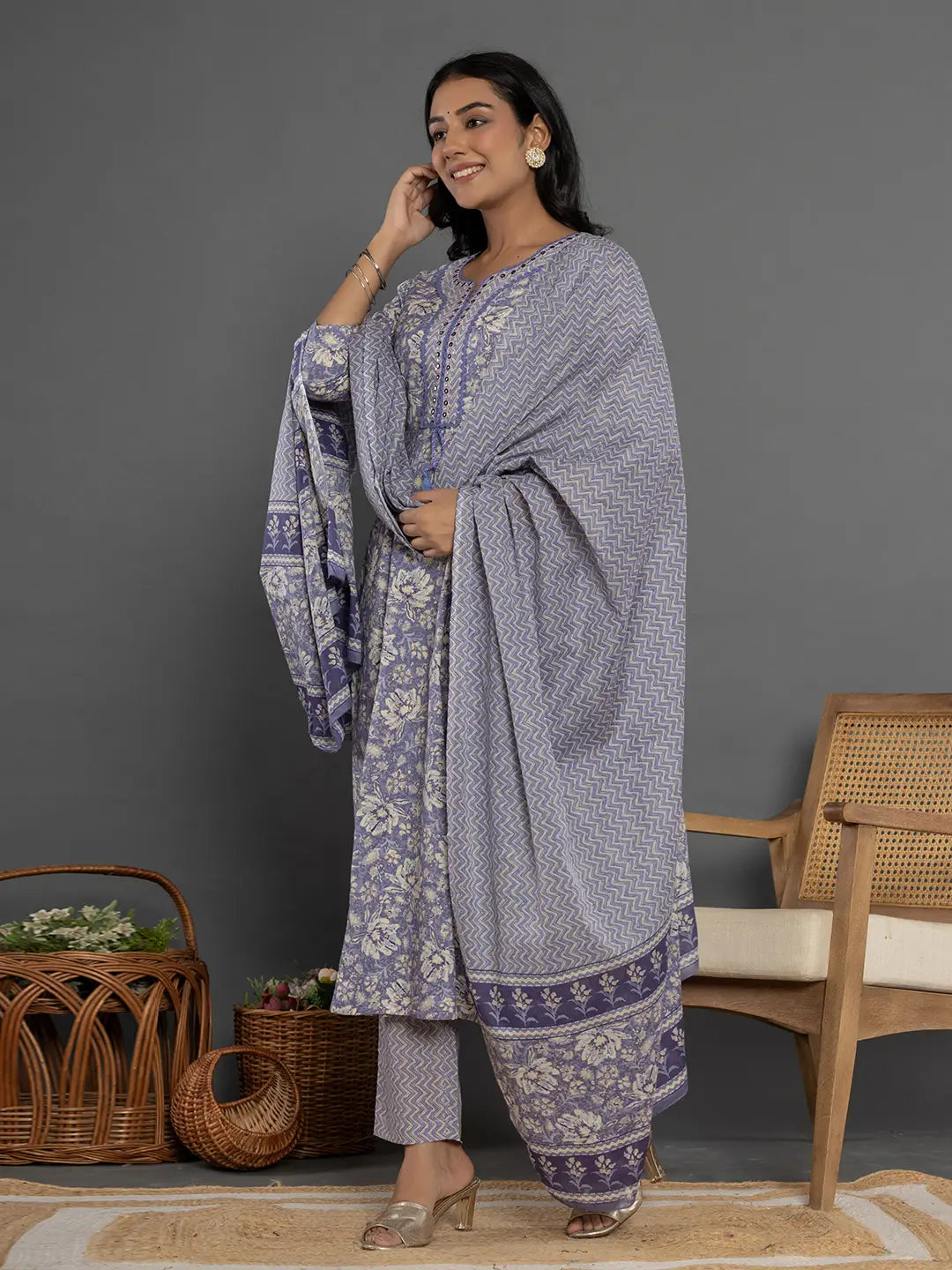 Yufta Purple Mirror_Work Cotton Anarkali Kurta Duppta Set - Distacart