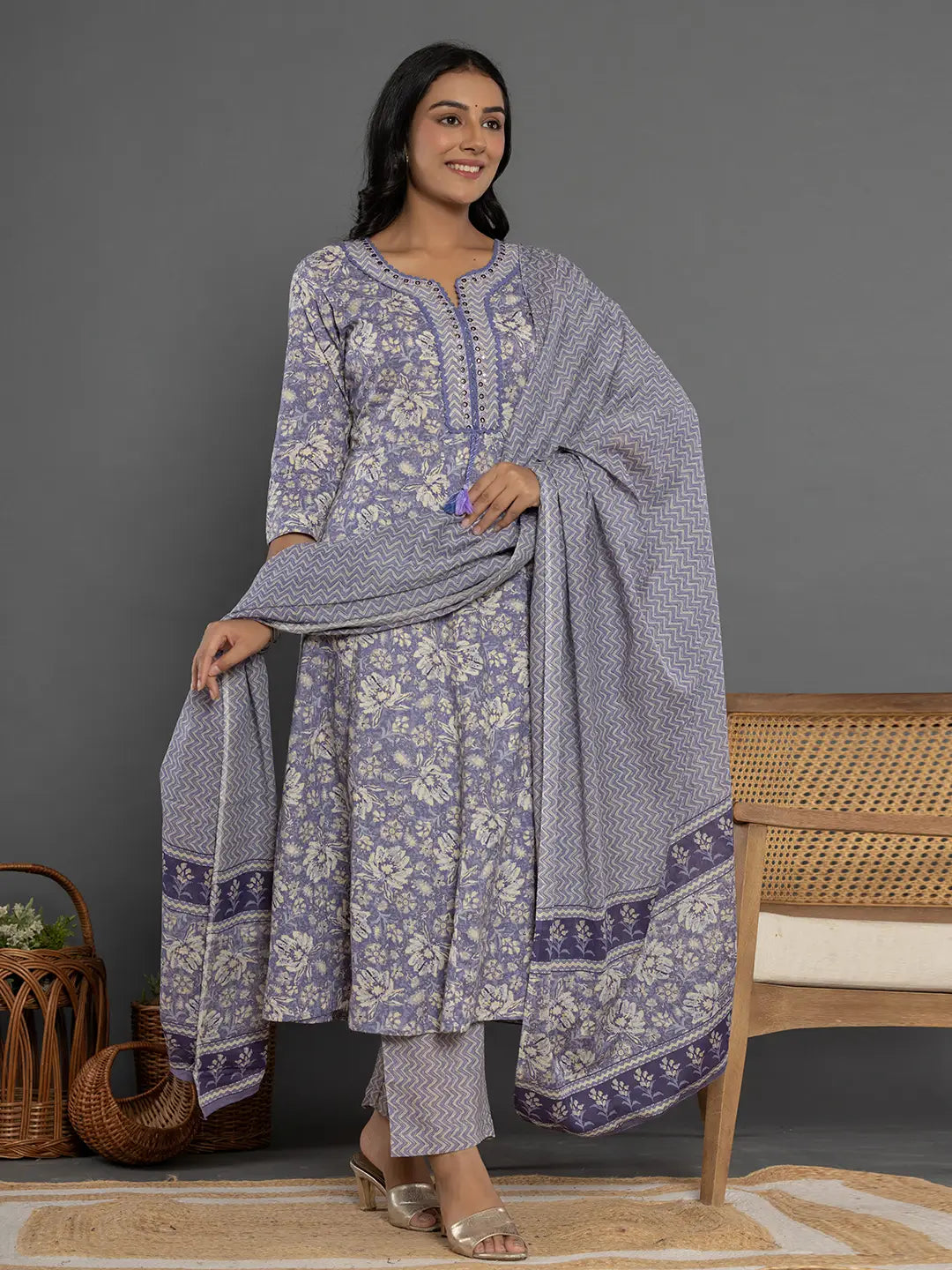 Yufta Purple Mirror_Work Cotton Anarkali Kurta Duppta Set
