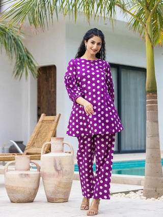 Yufta Purple Polka Dot Print Top And Trouser Co Ord Set