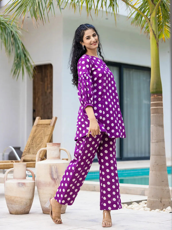 Yufta Purple Polka Dot Print Top And Trouser Co Ord Set