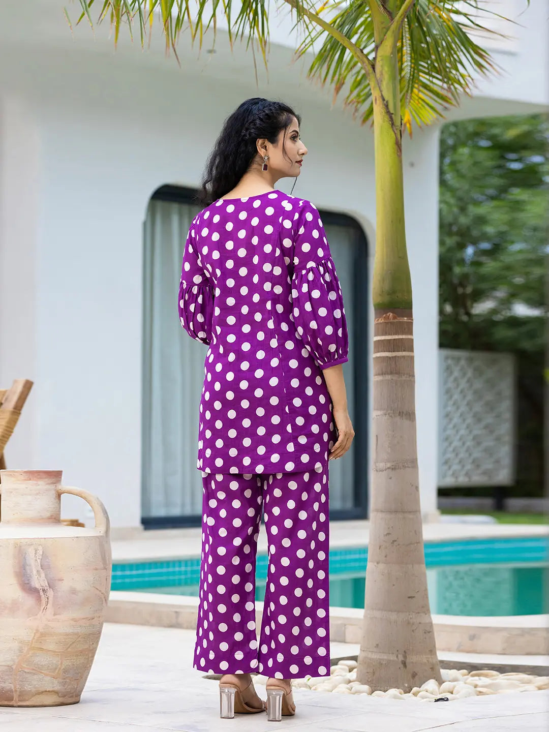 Yufta Purple Polka Dot Print Top And Trouser Co Ord Set