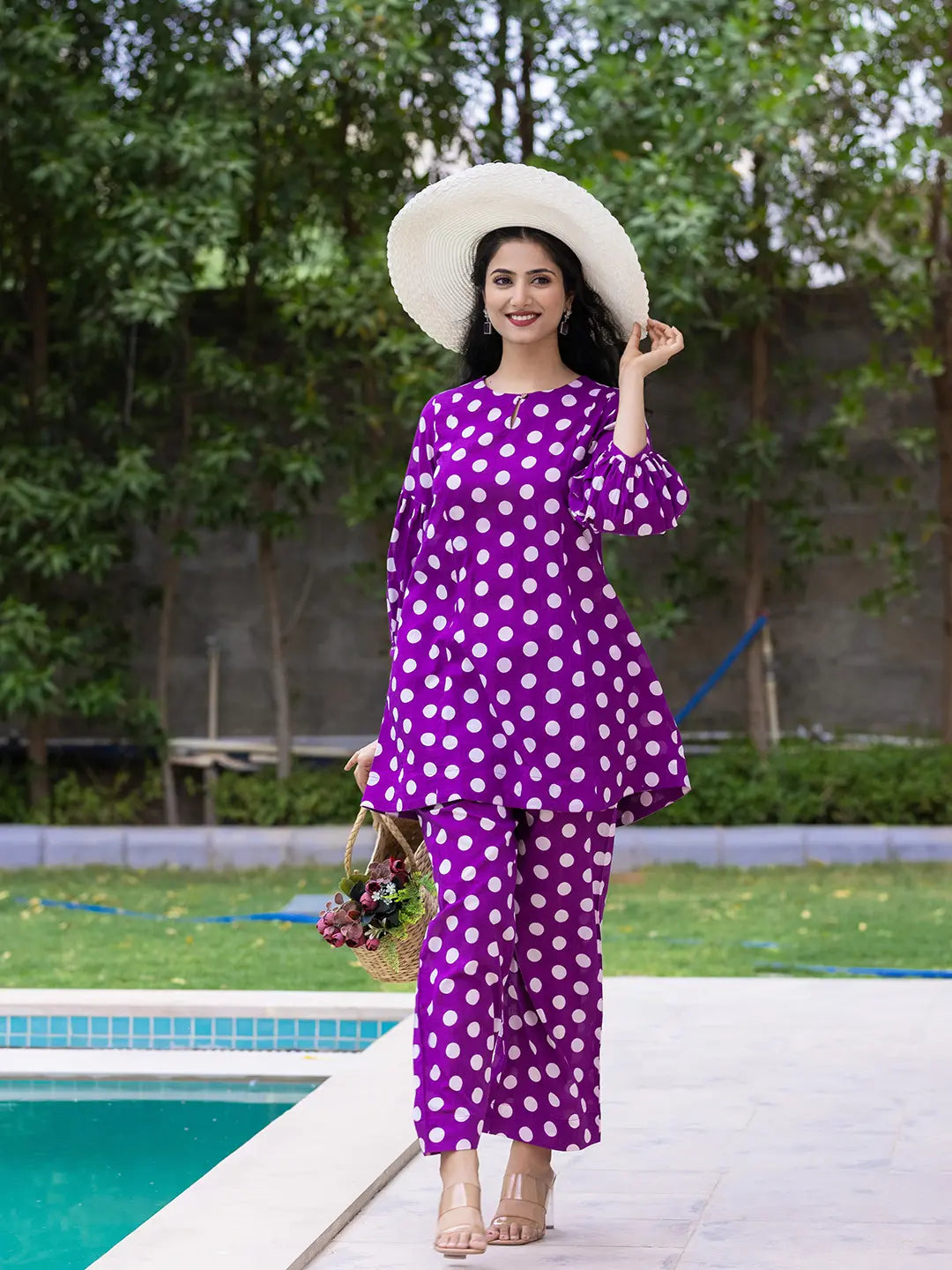 Yufta Purple Polka Dot Print Top And Trouser Co Ord Set