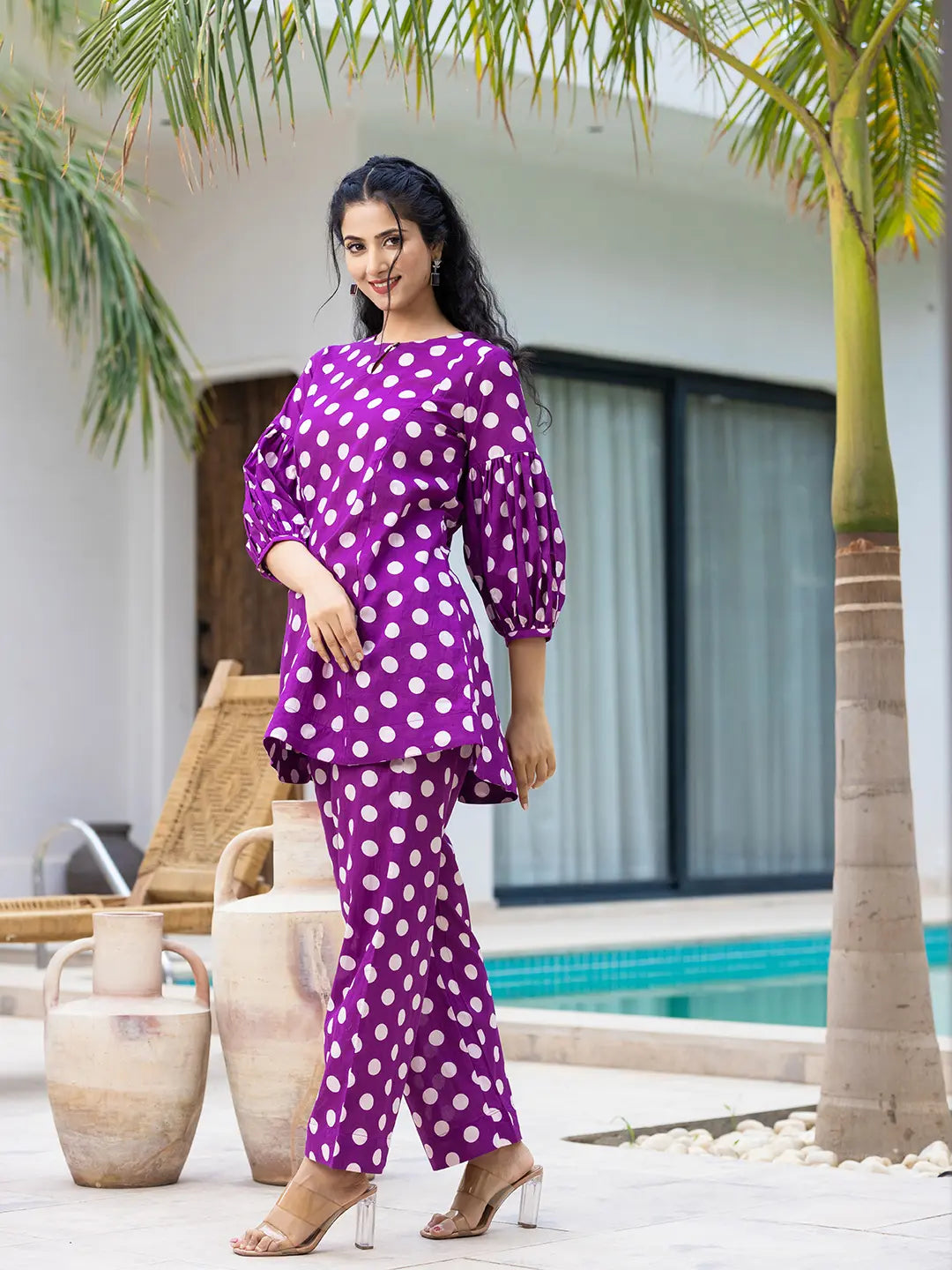 Yufta Purple Polka Dot Print Top And Trouser Co Ord Set