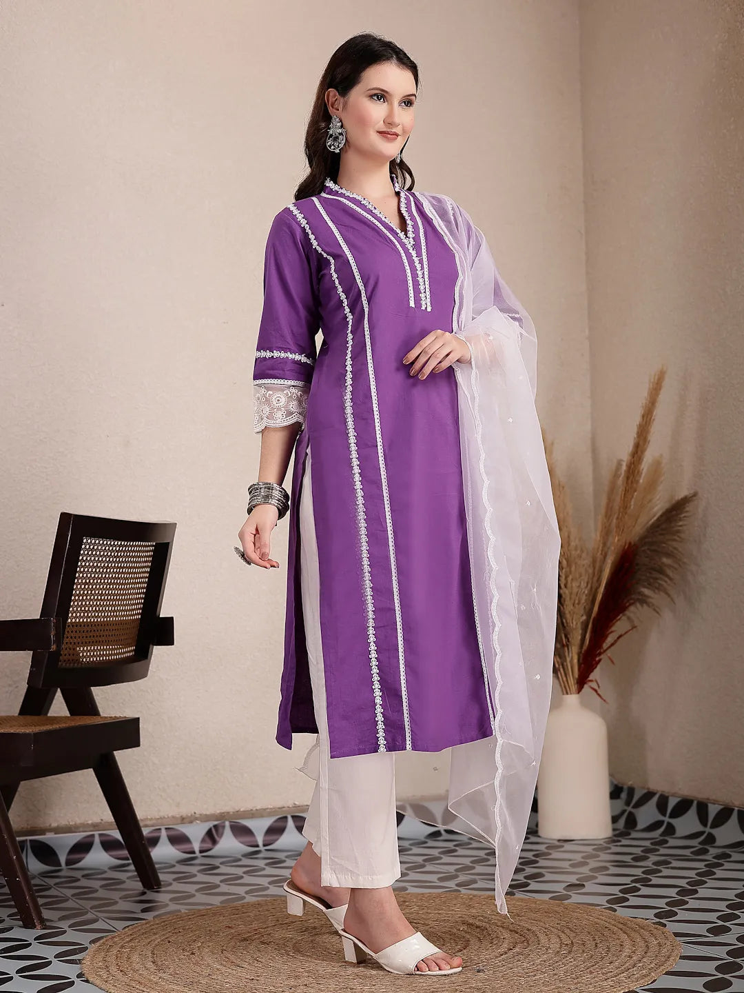 Yufta Purple Premium Cotton Kurta Dupatta Pant Set - Distacart