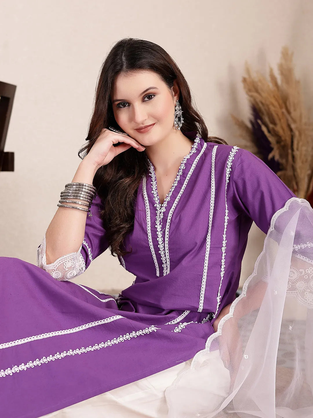 Yufta Purple Premium Cotton Kurta Dupatta Pant Set