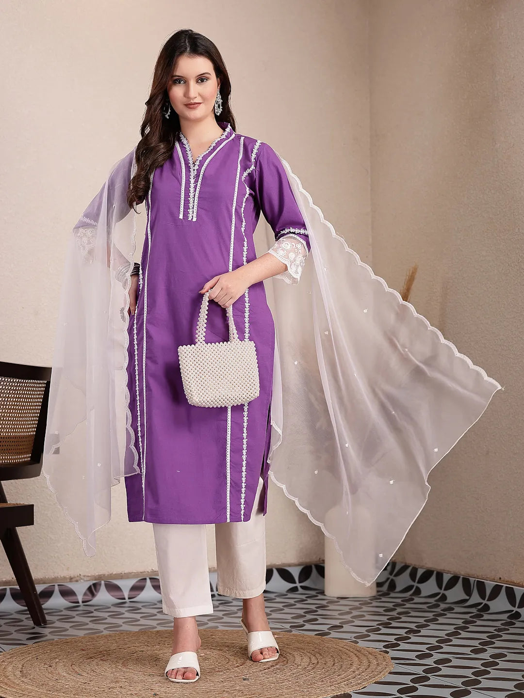 Yufta Purple Premium Cotton Kurta Dupatta Pant Set