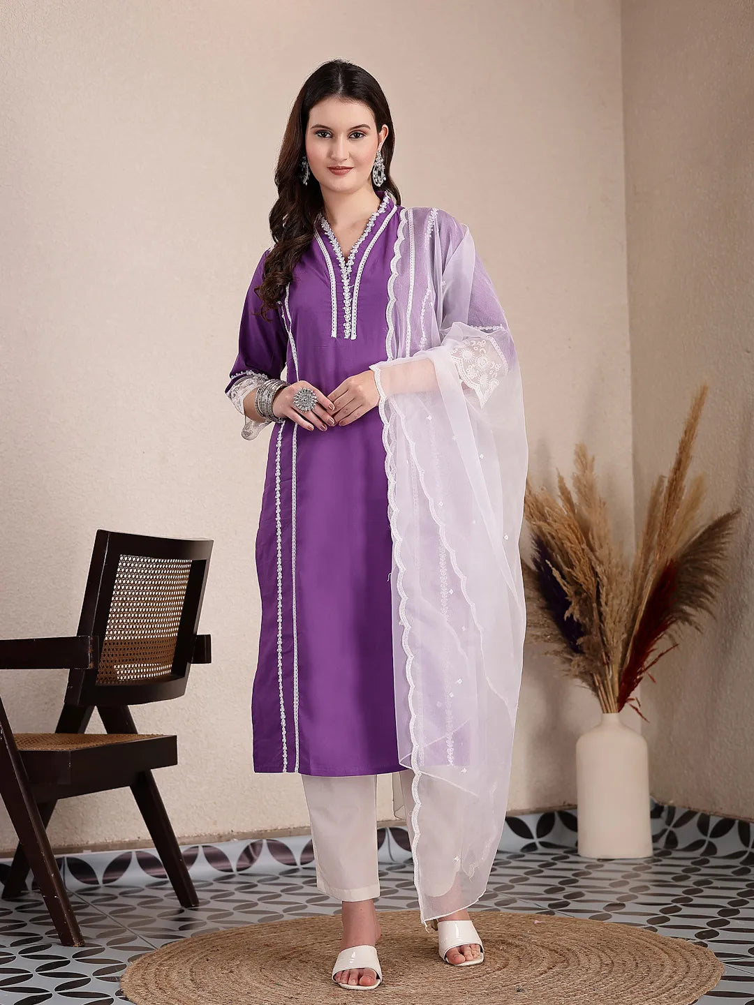 Yufta Purple Premium Cotton Kurta Dupatta Pant Set - Distacart