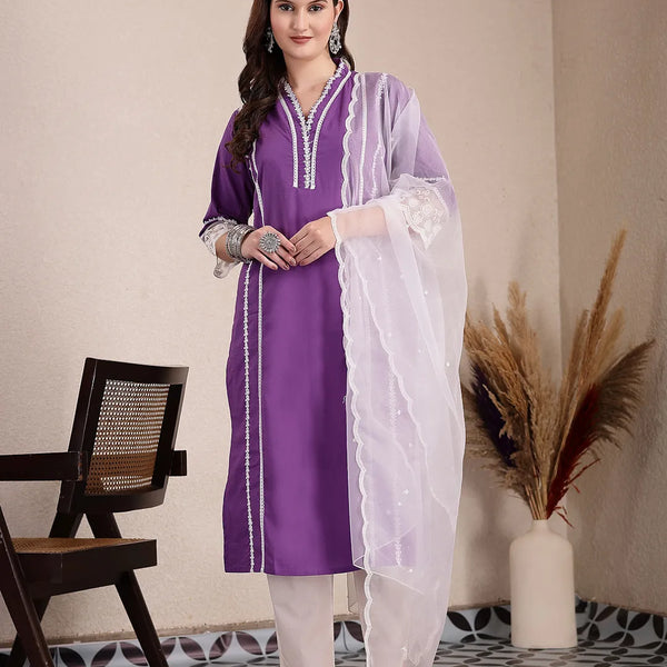 Yufta Purple Premium Cotton Kurta Dupatta Pant Set - Distacart