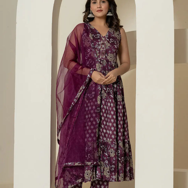 Yufta Purple Pure Cotton Fit And Flare Tiered Kurta Trouser & Dupatta Set - Distacart