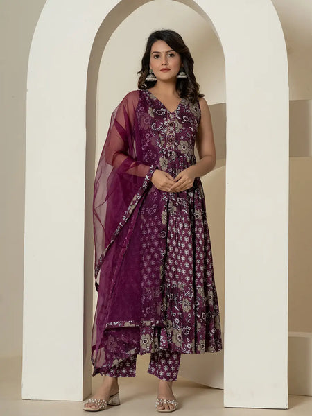 Yufta Purple Pure Cotton Fit And Flare Tiered Kurta Trouser & Dupatta Set